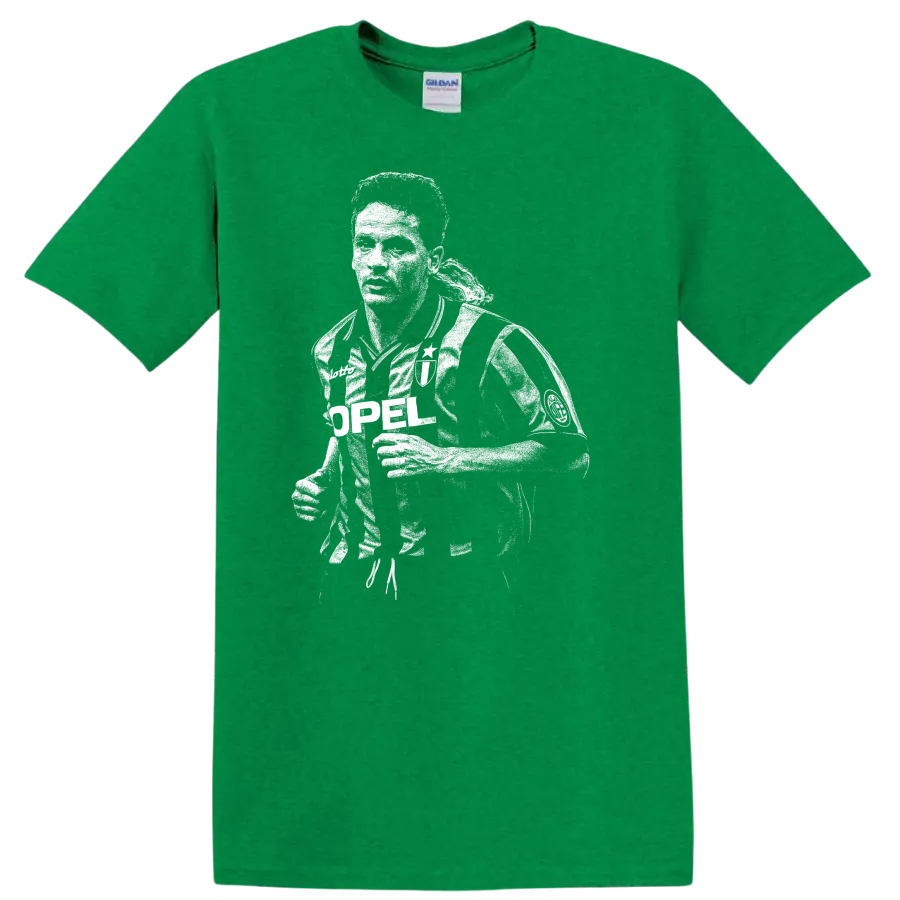 Black and white retro soccer portrait of Roberto Baggio on a T - Antic Irish Green