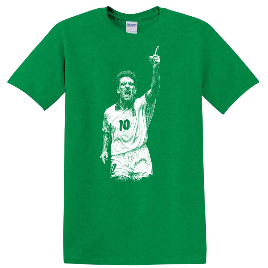 Retro soccer legend portrait of Roberto Baggio in bold black and white T Shirt - Antic Irish Green