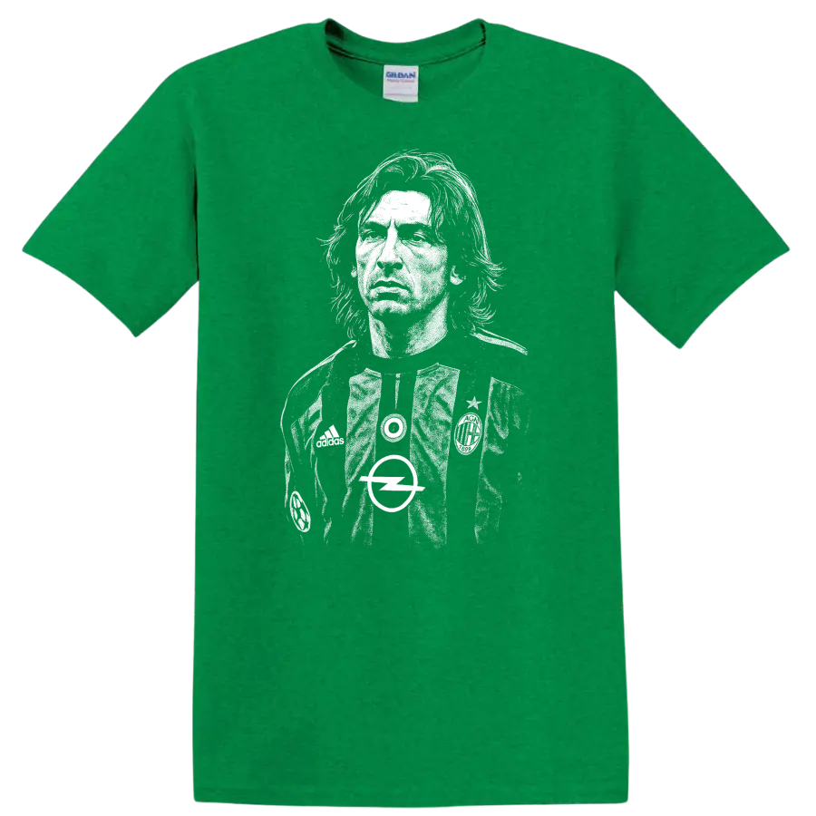 High-contrast retro Andrea Pirlo soccer portrait T Shirt - Antic Irish Green