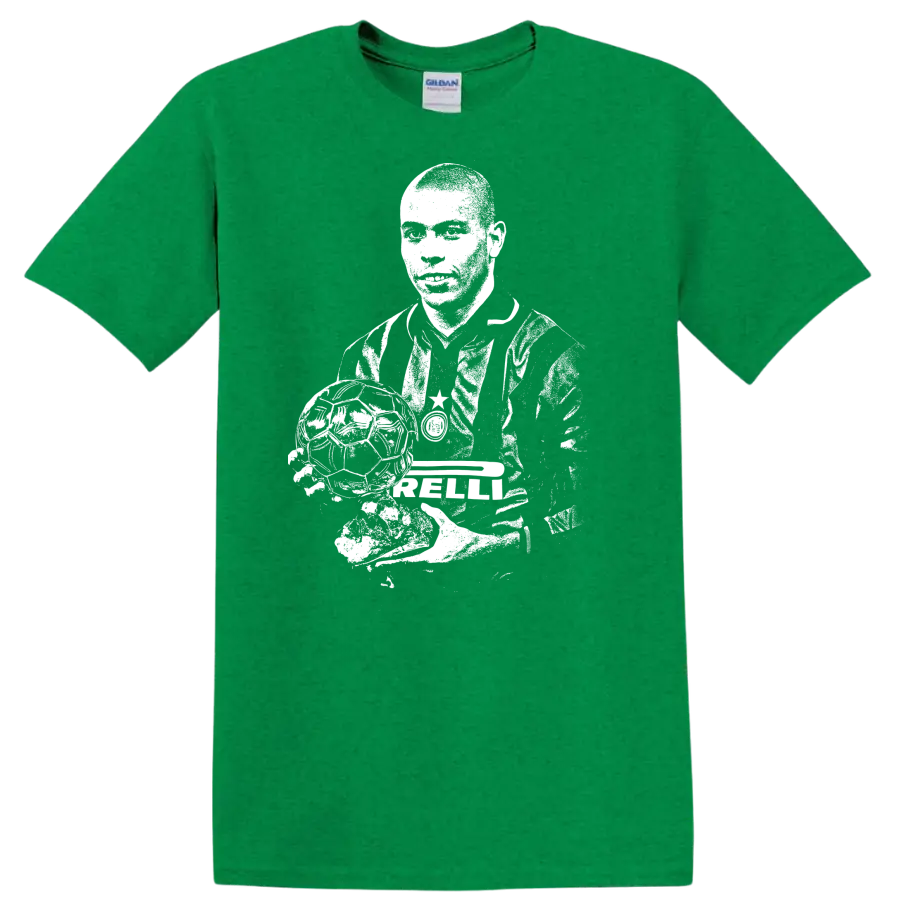 Retro soccer portrait graphic inspired by Ronaldo Nazário on a T - Antic Irish Green