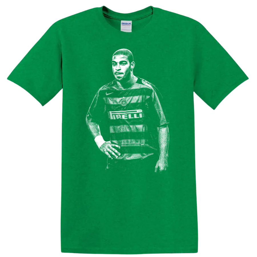 Retro soccer player portrait of Adriano Leite Ribeiro in black and white T shirt - Antic Irish Green