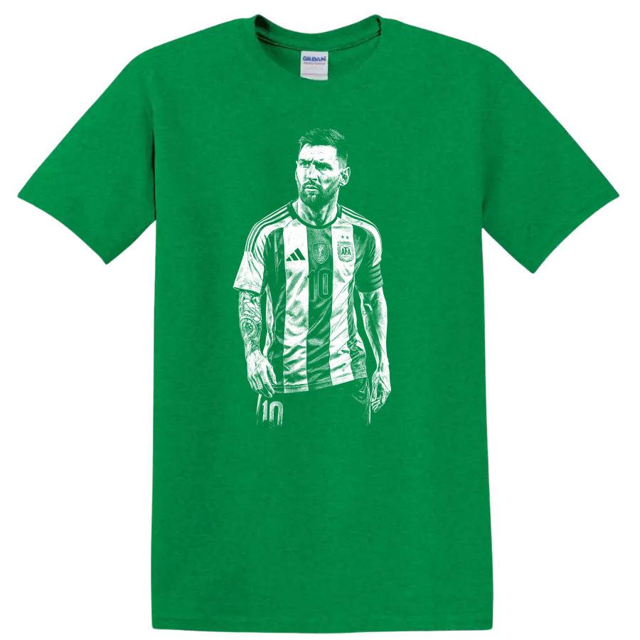 Retro soccer Lionel Messi portrait legend style T - Antic Irish Green