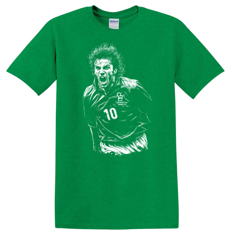 Black and white retro soccer portrait of Alessandro Del Piero style T-shirt - Antic Irish Green