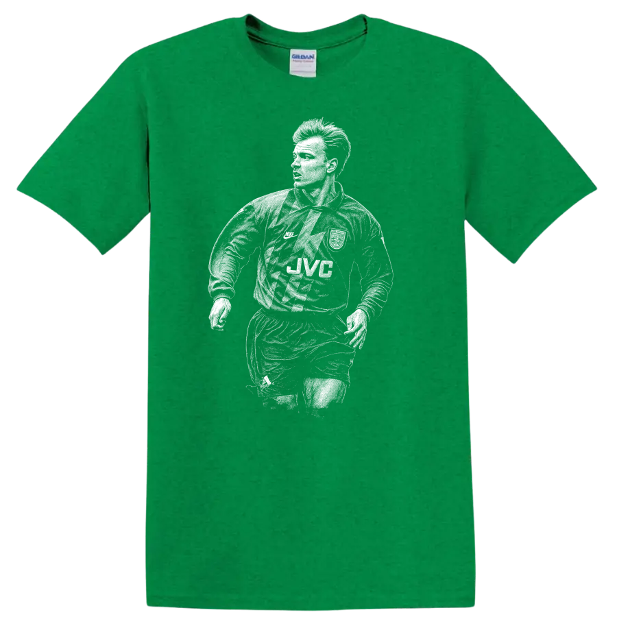 Retro soccer portrait of Dennis Bergkamp legend style T - Antic Irish Green
