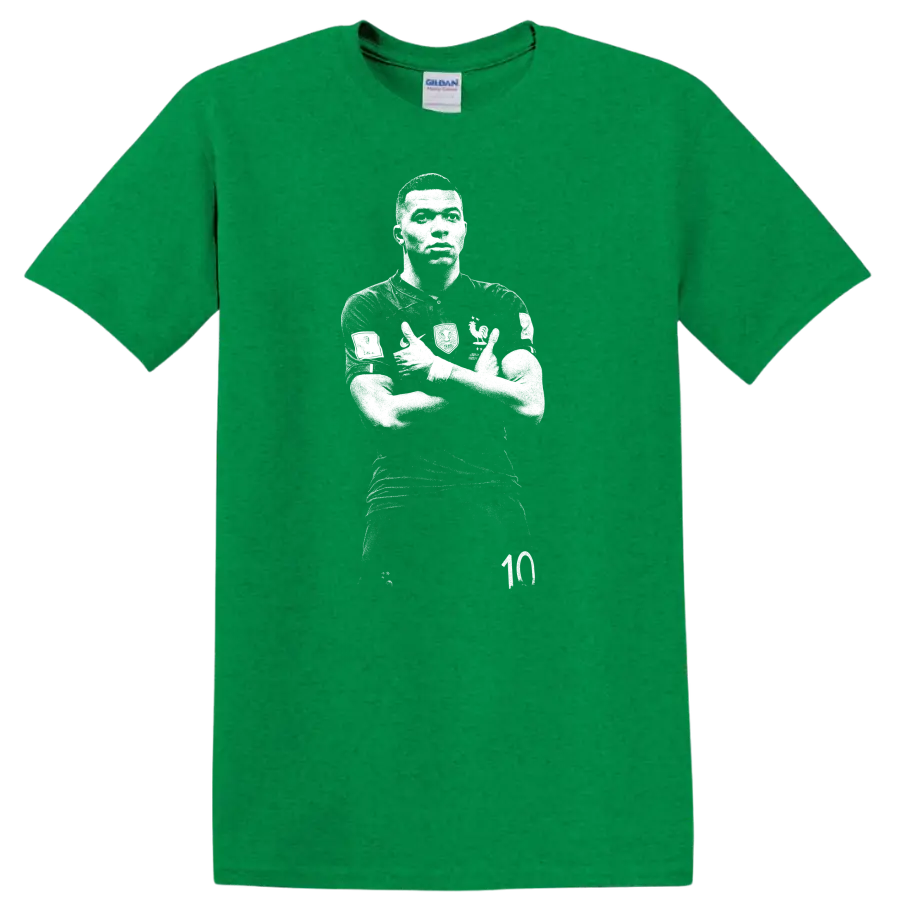 Retro soccer portrait style design inspired by Kylian Mbappé on a T - Antic Irish Green
