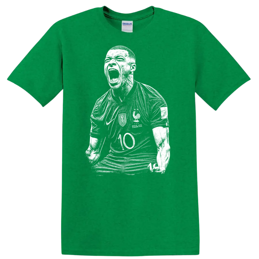 Black and white retro soccer portrait style Kylian Mbappe T Shirt - Antic Irish Green