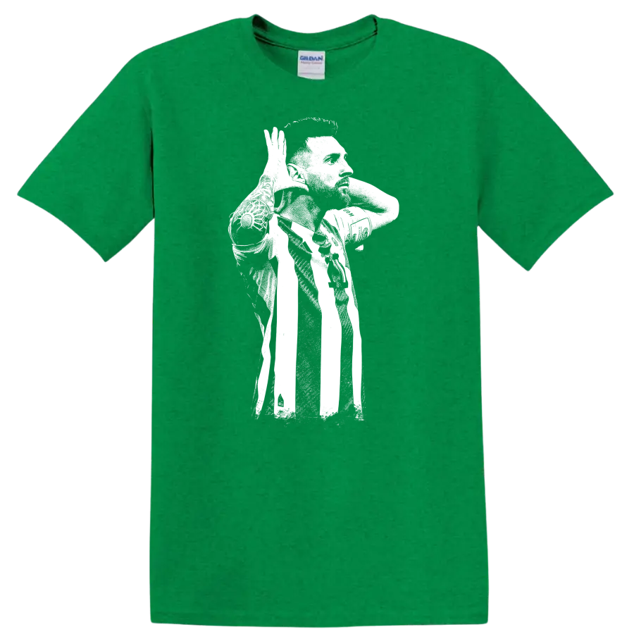 High-contrast retro soccer portrait of Lionel Messi style graphic - Antic Irish Green