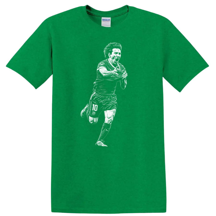 Retro soccer portrait of Lionel Messi legend style T - Antic Irish Green