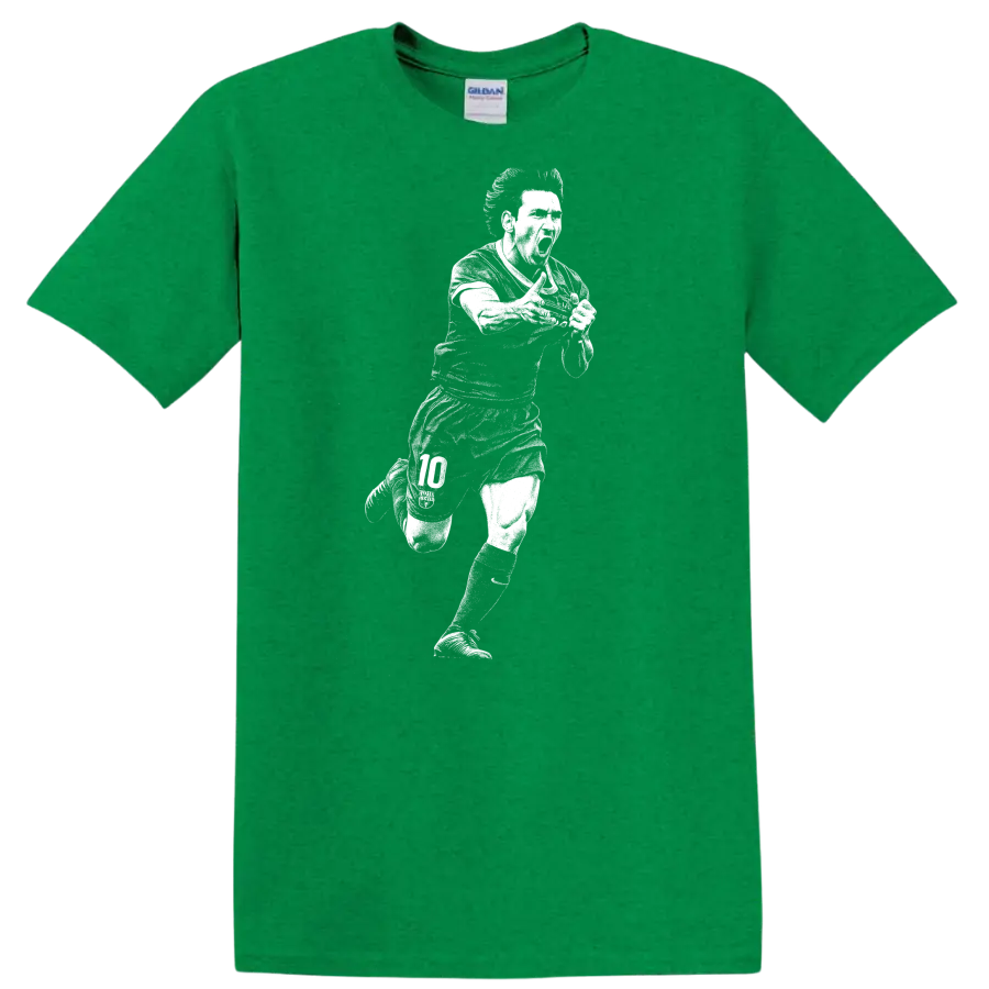 Retro soccer portrait of Lionel Messi in black and white on a - Antic Irish Green