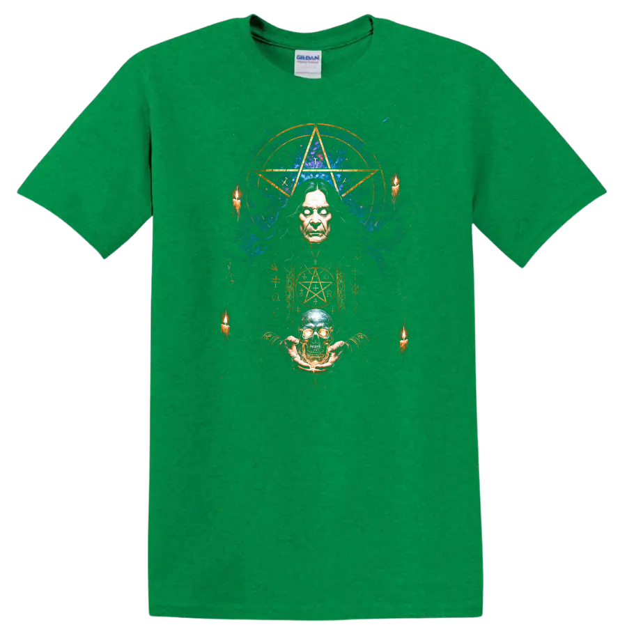 Heavy Metal Occult Legend Skull T Shirt Retro Rock Album Cover Style - Antic Irish Green