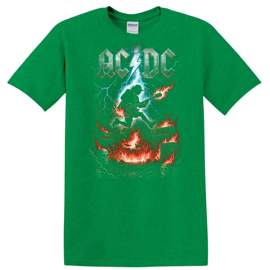 AC DC Retro Rock Lightning Guitar Heavy Metal T Shirt - Antic Irish Green