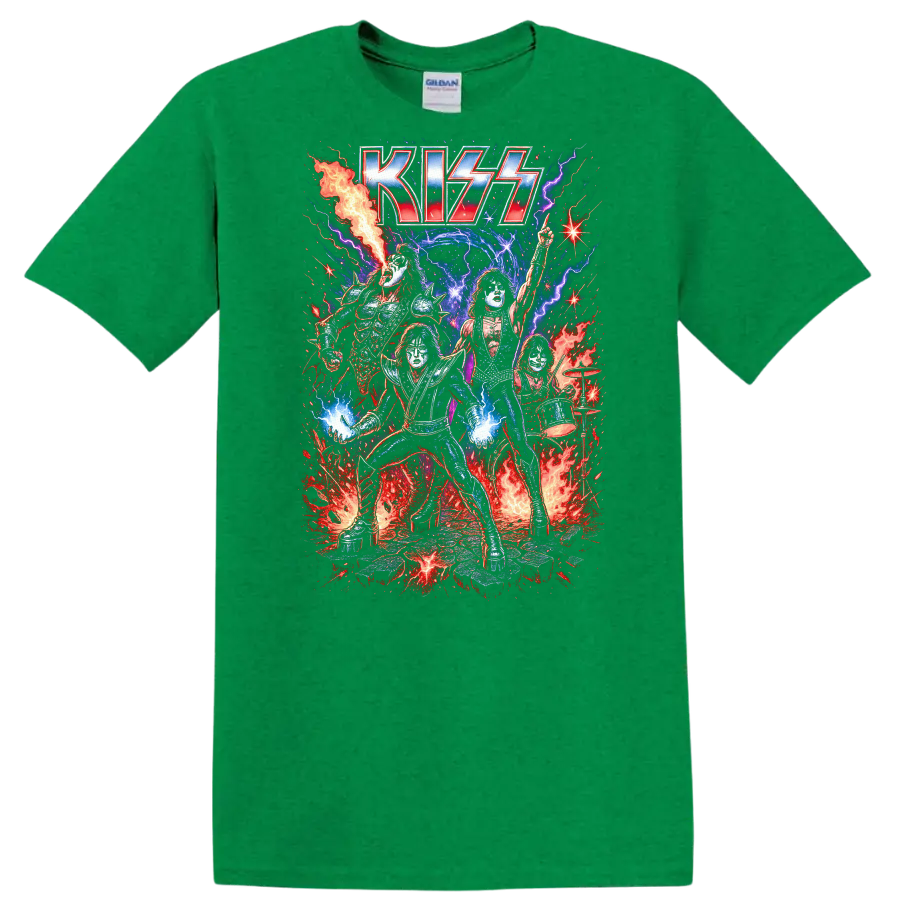 KISS Retro Heavy Metal Rock Band Album Cover Legend Style T Shirt - Antic Irish Green