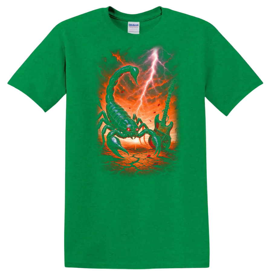 Heavy Metal Scorpion Guitar Retro Rock Band Album Art T Shirt - Antic Irish Green