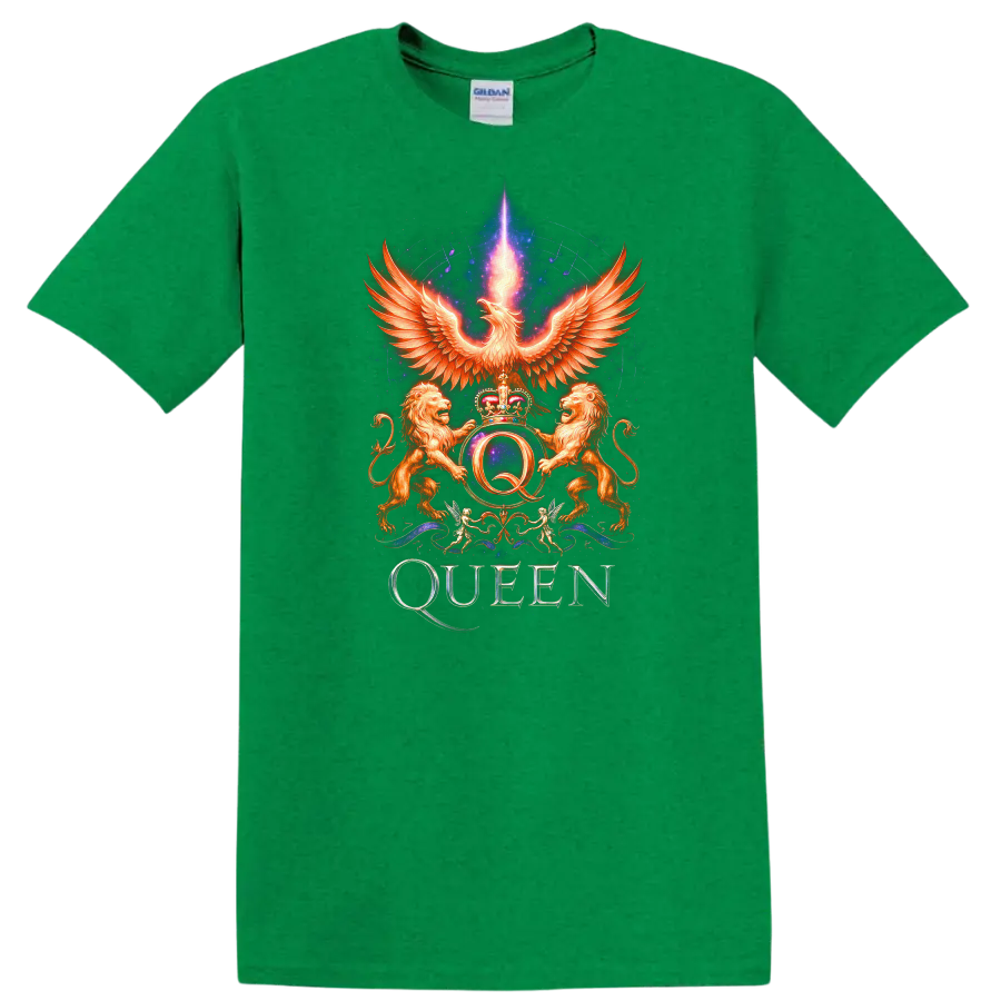 Retro Rock Queen Phoenix Crest Heavy Metal Band Style T Shirt - Antic Irish Green