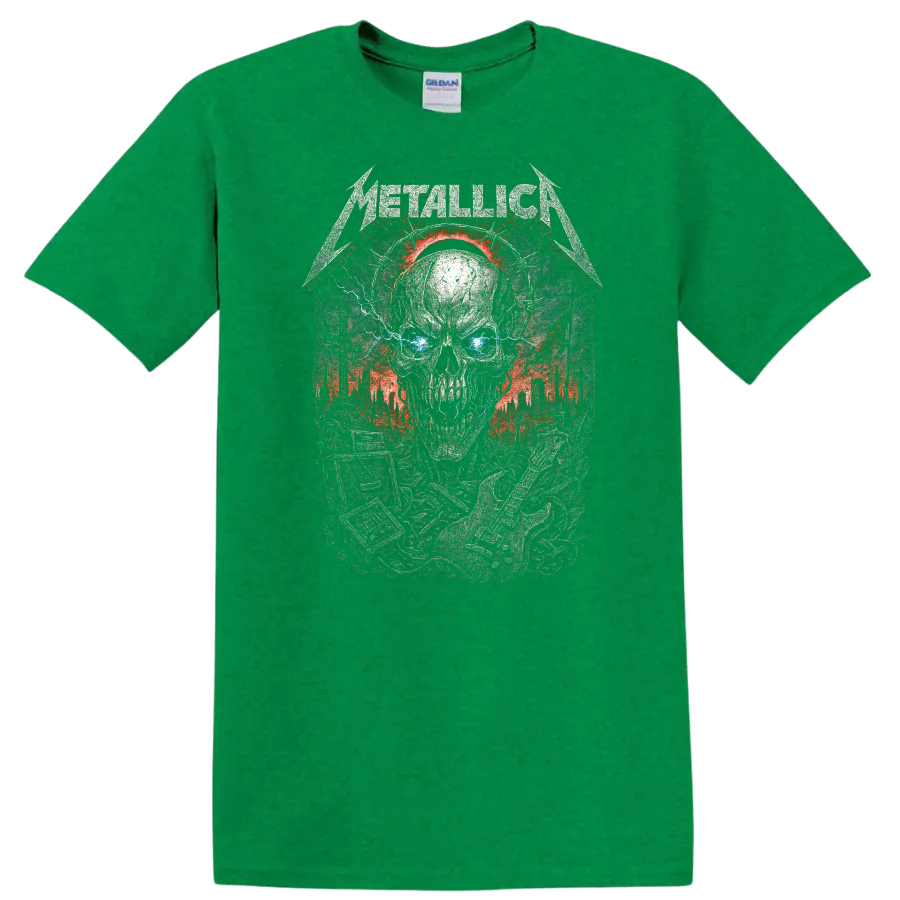 Metallica Skull Heavy Metal Album Art Graphic T Shirt - Antic Irish Green