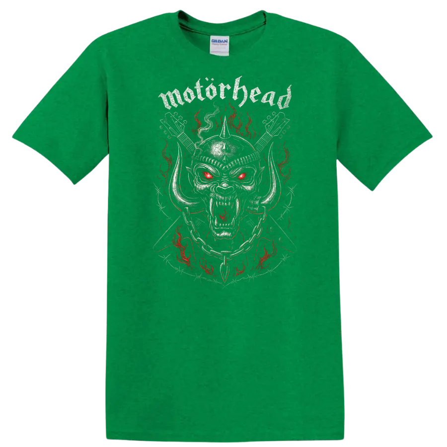 Motörhead Heavy Metal Skull Flames Retro Band Style T Shirt - Antic Irish Green