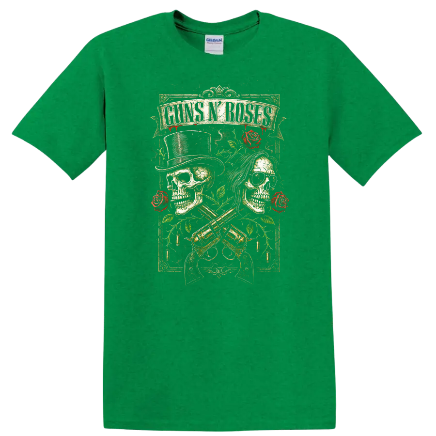 Guns N’ Roses Retro Heavy Metal Skull Roses T Shirt - Antic Irish Green