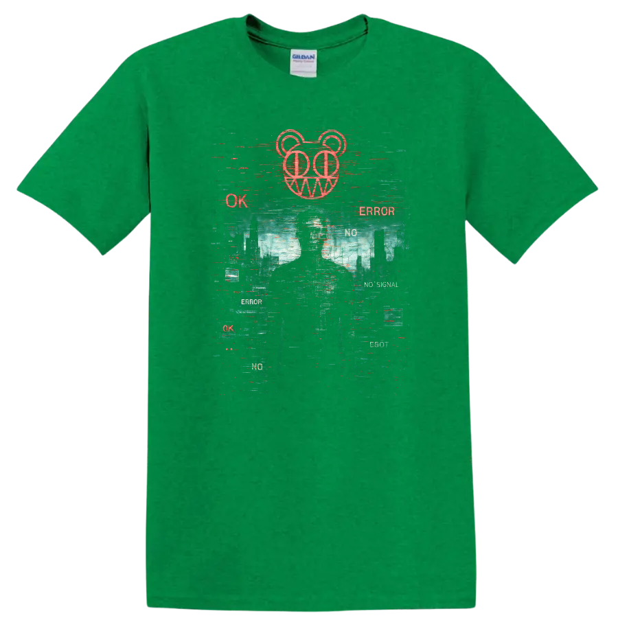 Retro Glitch Heavy Metal Album Cover Style T Shirt - Antic Irish Green