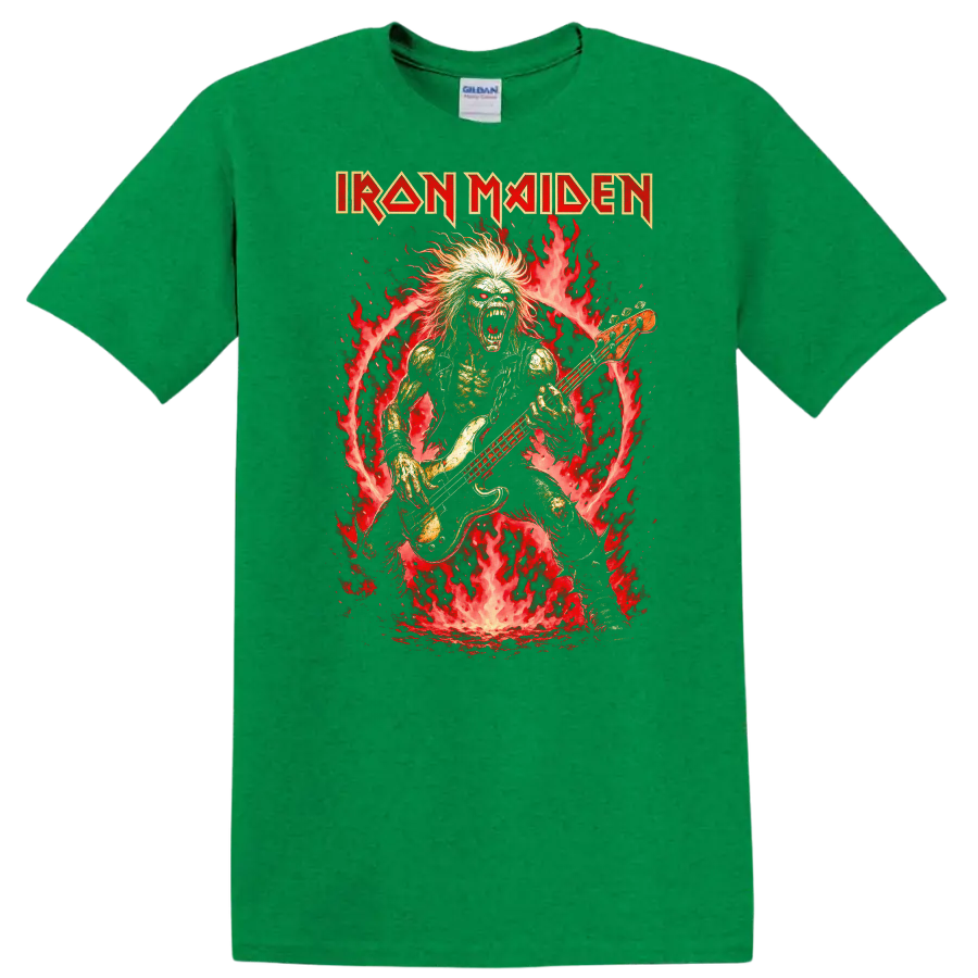Iron Maiden Heavy Metal Album Cover Flame Bassist T Shirt - Antic Irish Green