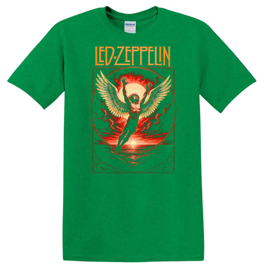 Led Zeppelin Retro Heavy Metal Album Cover Style T Shirt - Antic Irish Green