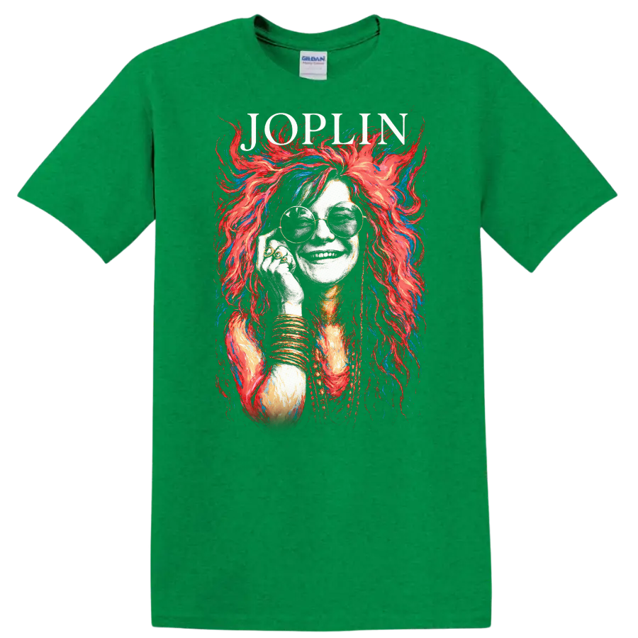 Joplin Retro Rock Heavy Metal Album Style Portrait T Shirt - Antic Irish Green