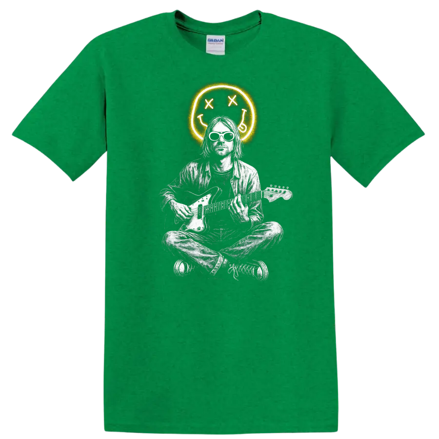 Retro Rock Heavy Metal Nirvana Style Guitar Player T Shirt - Antic Irish Green