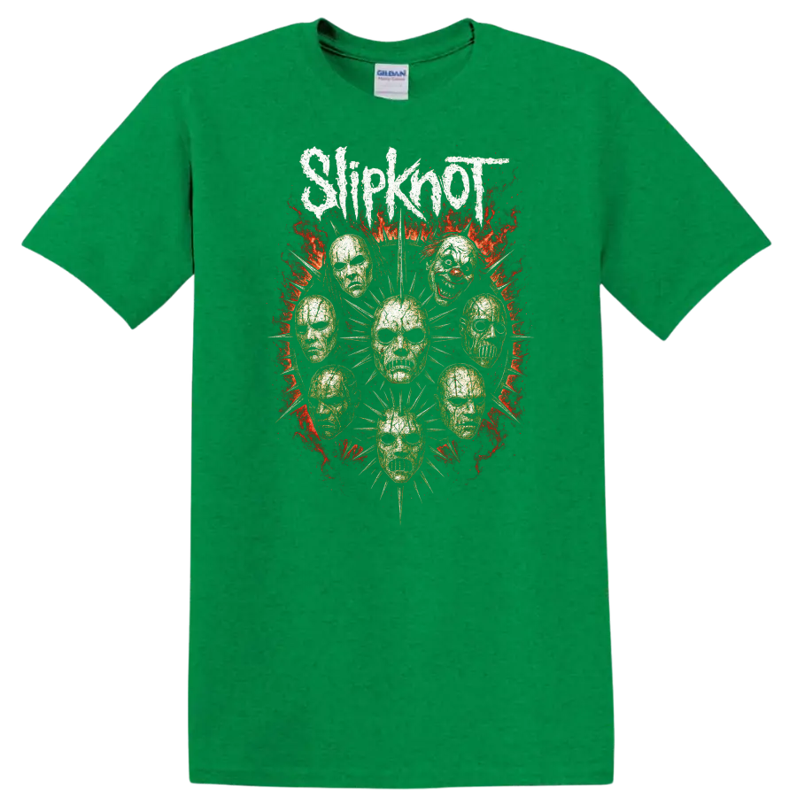 Retro Metal Skull Masks Heavy Rock Album Art T Shirt - Antic Irish Green