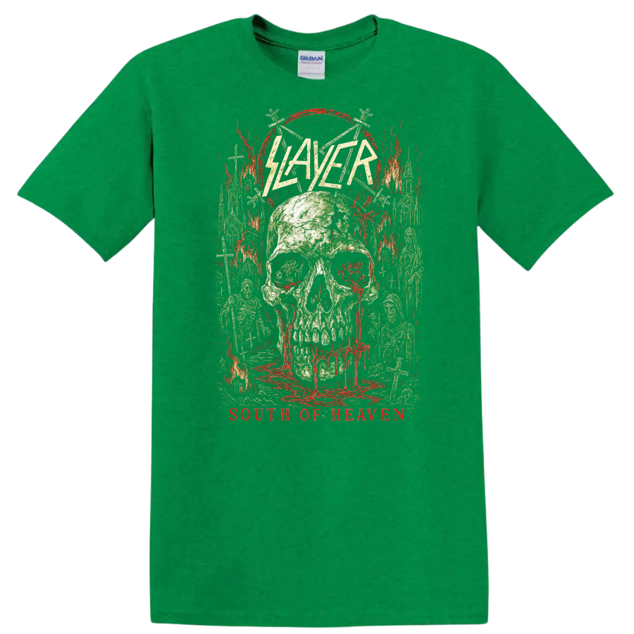 Slayer South of Heaven Retro Heavy Metal Skull T Shirt - Antic Irish Green