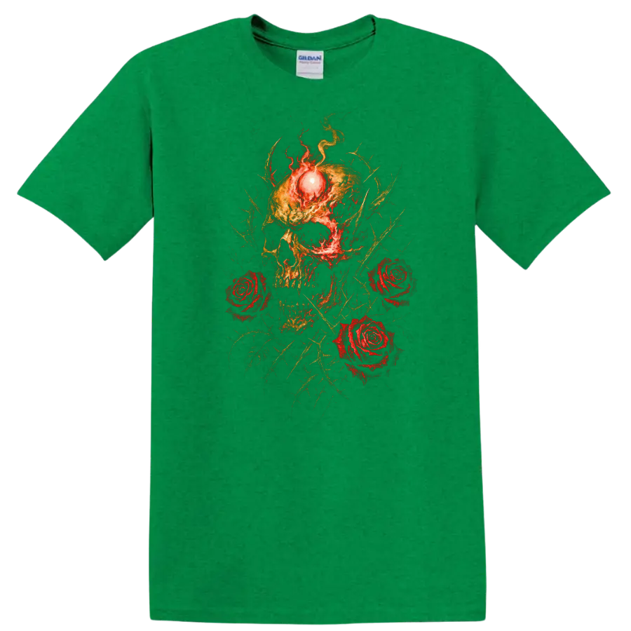 Retro Heavy Metal Skull Roses Fire T Shirt Dark Rock Band Cover Style - Antic Irish Green