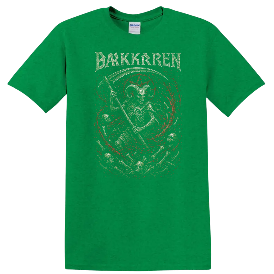 Dark Skren Retro Rock Heavy Metal Skull Album Style T Shirt - Antic Irish Green