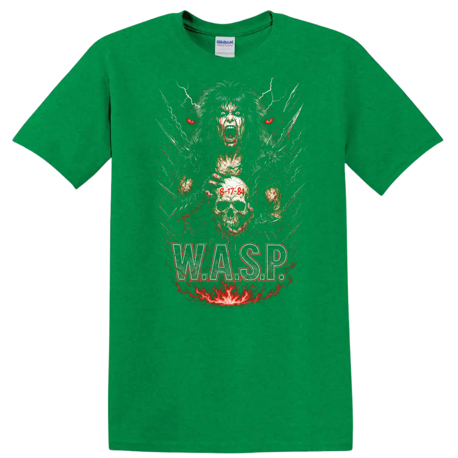 Retro Heavy Metal W.A.S.P. Skull Album Art T Shirt - Antic Irish Green