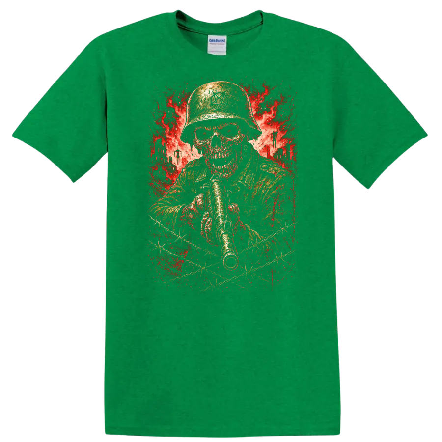 Retro Heavy Metal Skull Soldier Helmet T Shirt Red Explosion Graphic - Antic Irish Green