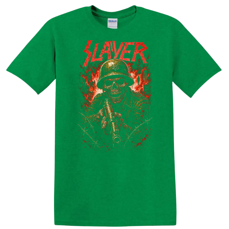 Retro Slayer Heavy Metal Skull Soldier T Shirt Album Cover Style - Antic Irish Green