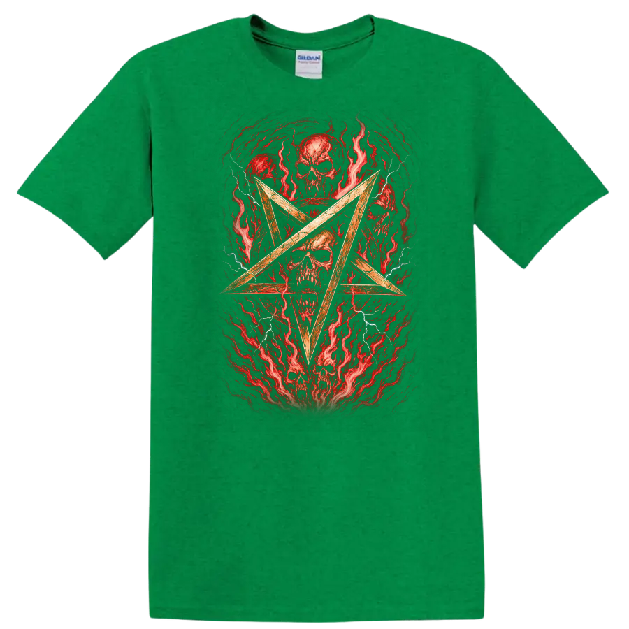 Retro Heavy Metal Skull Pentagram Album Cover Style T Shirt - Antic Irish Green