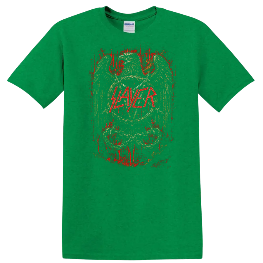 SLAYER Retro Heavy Metal Band Album Cover Style T Shirt - Antic Irish Green