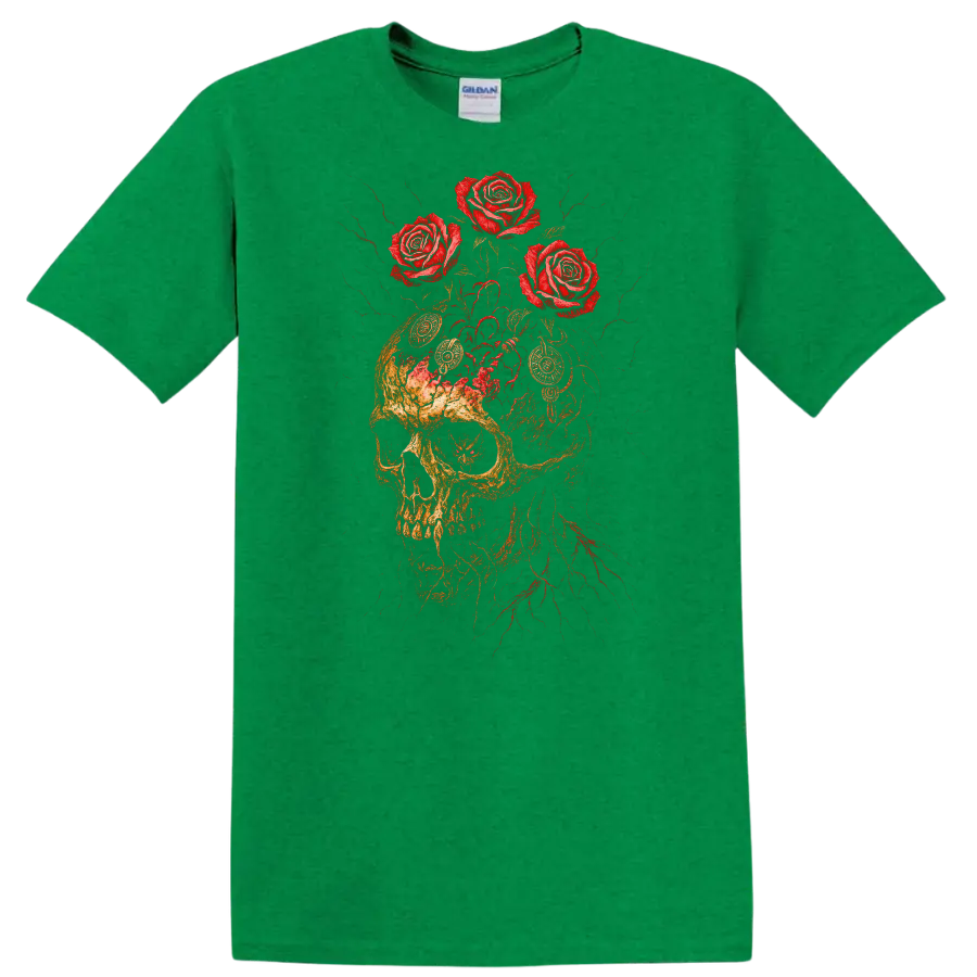 Retro Rock Skull and Roses Heavy Metal Graphic T Shirt - Antic Irish Green