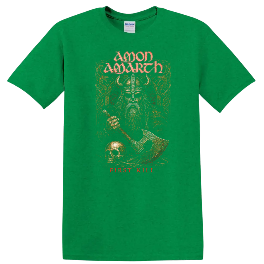 Moon March First Kill Viking Heavy Metal Retro Rock T Shirt - Antic Irish Green