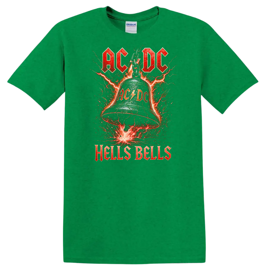AC/DC Hells Bells Retro Heavy Metal Lightning T Shirt - Antic Irish Green