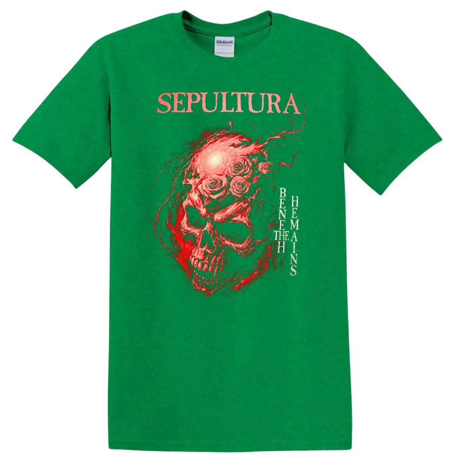 Sepultura Skull Roses Retro Heavy Metal Band Album Cover T Shirt - Antic Irish Green