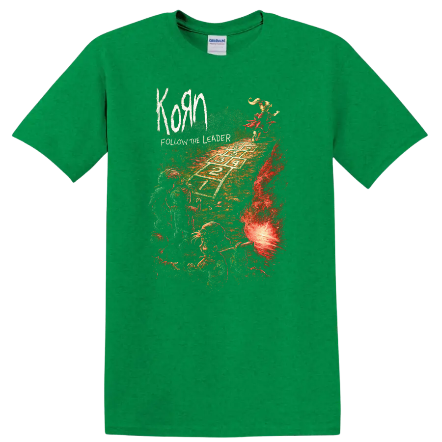 Korn Follow the Leader Retro Heavy Metal Album Art T Shirt - Antic Irish Green