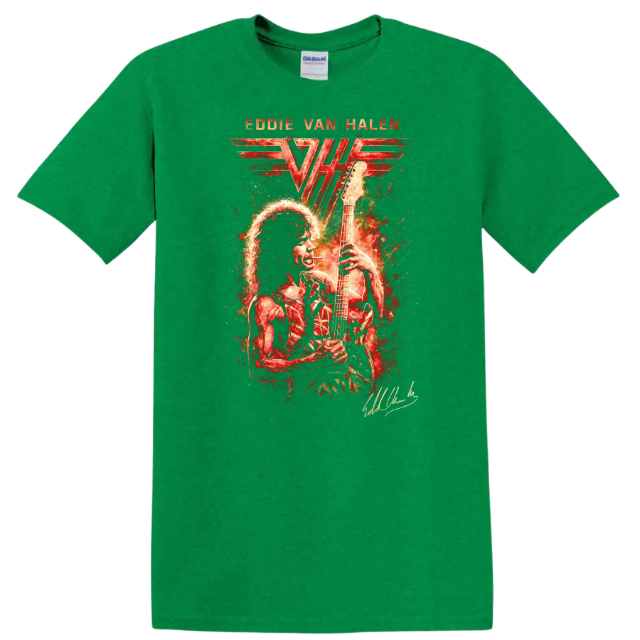 Eddie Van Halen Retro Rock Heavy Metal Album Art T Shirt - Antic Irish Green