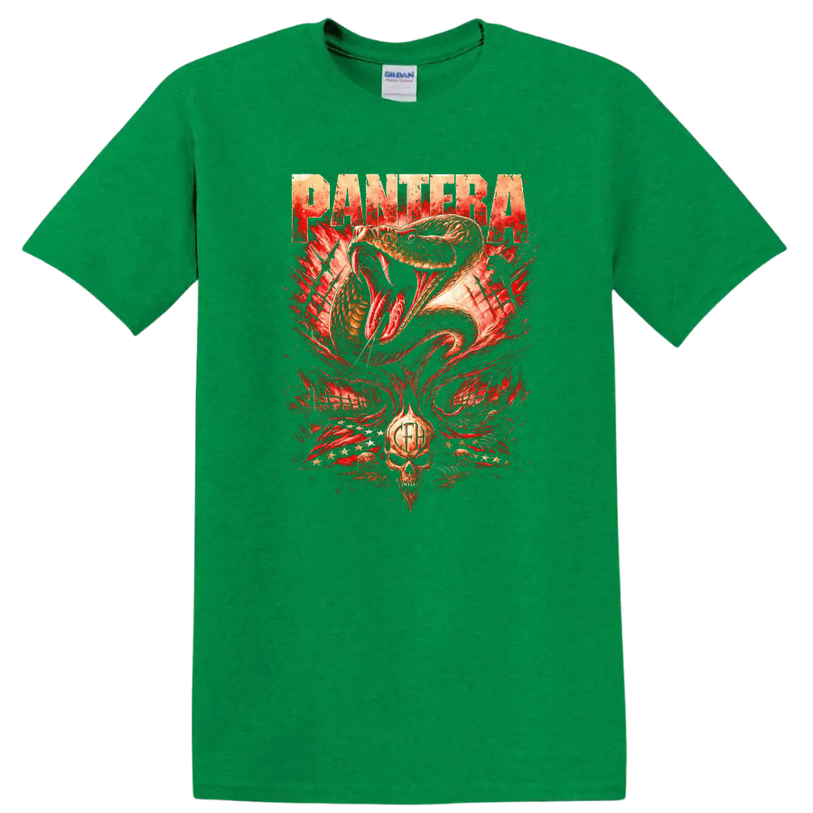 Pantera Retro Heavy Metal Snake Skull T Shirt Album Cover Style - Antic Irish Green