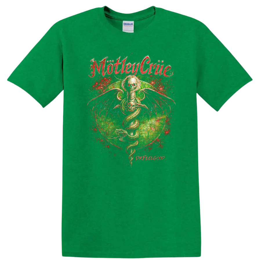 Motley Crue Retro Heavy Metal Album Cover Legend Style T Shirt - Antic Irish Green