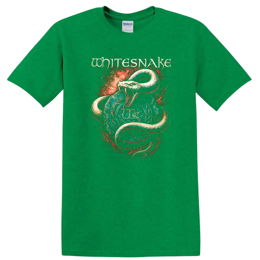 White Snake Retro Heavy Metal Album Cover Style T Shirt - Antic Irish Green