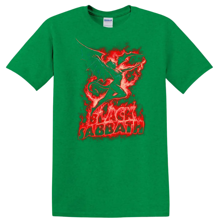 Black Sabbath Retro Heavy Metal Dragon Flames Album Cover T Shirt - Antic Irish Green