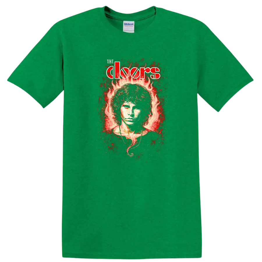 The Doors Retro Rock Flame Portrait Album Cover T Shirt - Antic Irish Green