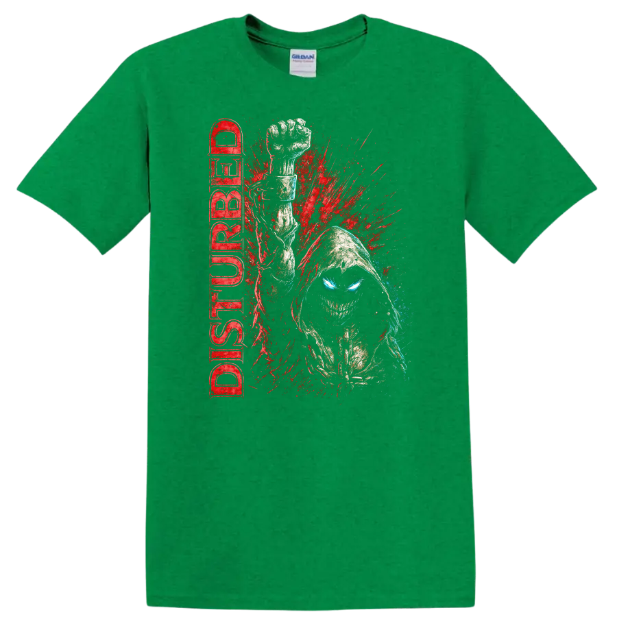 Disturbed Retro Heavy Metal Album Cover Style T Shirt for Rock Fans - Antic Irish Green