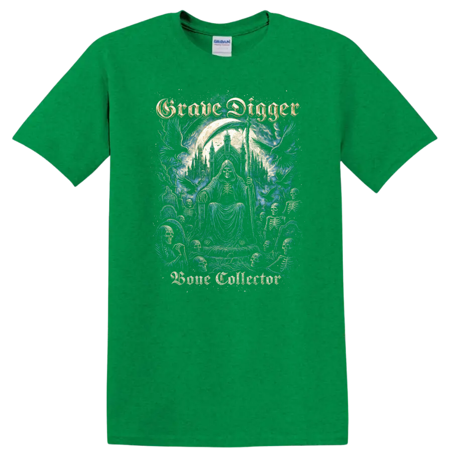 Grave Digger Gothic Skeleton Heavy Metal Band Style T Shirt - Antic Irish Green