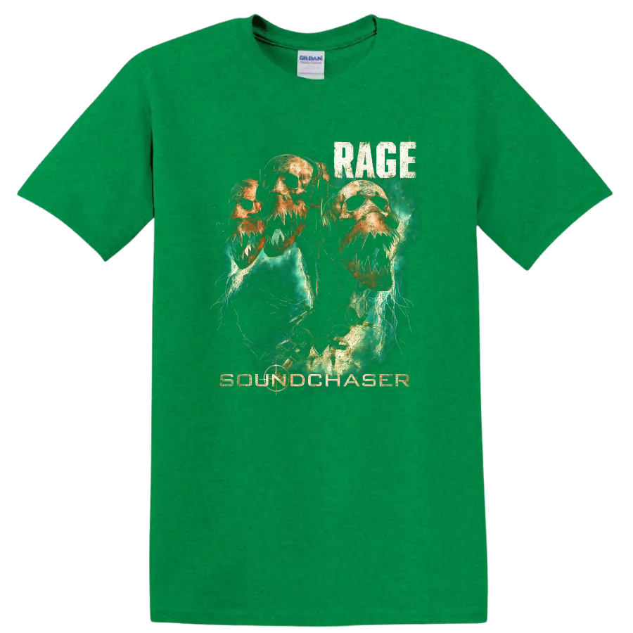 Rage Soundchaser Retro Heavy Metal Skull T Shirt Album Cover Style - Antic Irish Green