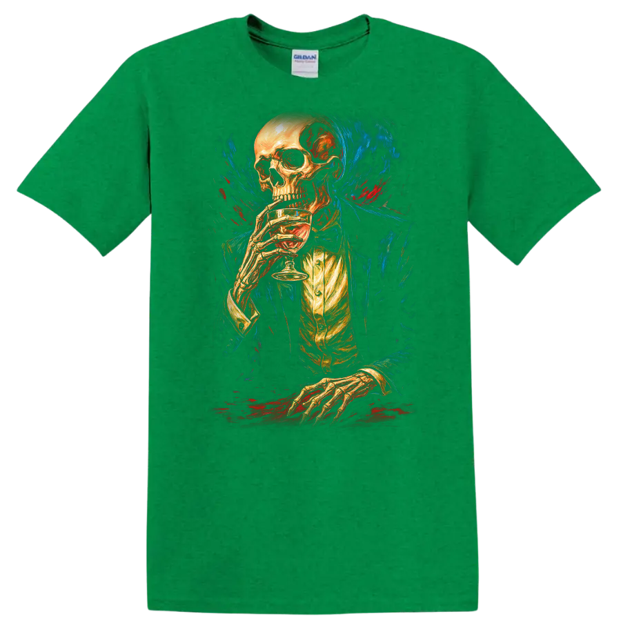Vintage gothic skeleton in formal attire holding a drink amid blue and red painterly on a Antic Irish Green T Shirt